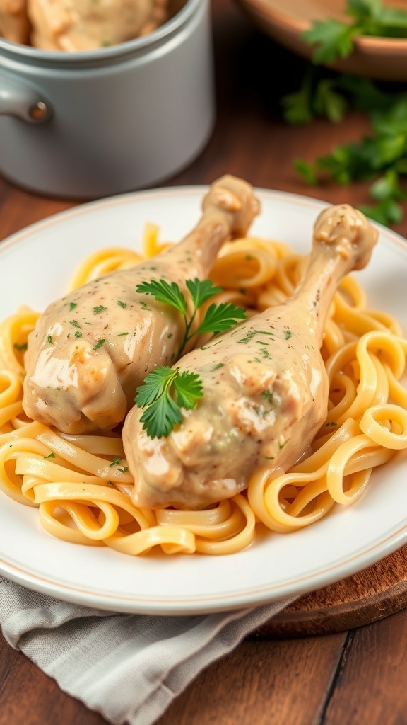 Creamy chicken drumsticks on pasta garnished with parsley on a rustic table.